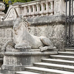 Salzburg, Salzburg, Austria - Closeup of a stone unicorn. It is resting on a pillar