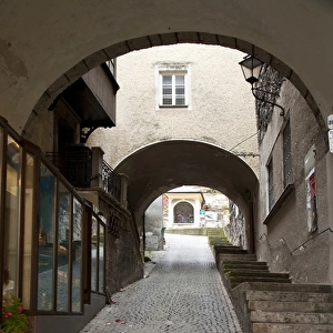 Salzburg, Salzburg, Austria - Low angle view from the bottom of an arched walkway