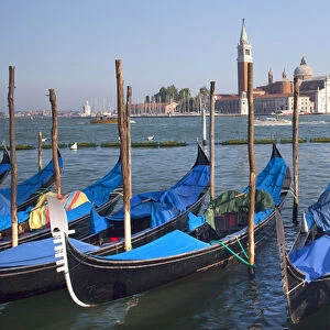 San Giorgio Maggiore Church and Bell Tower Blue Gondolas Grand Canal Venice Italy