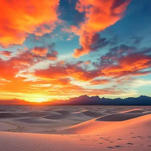 Sandy desert at sunset or sunrise with footprints. (AI Generated) Sandy desert at sunset or sunrise with footprints. (AI Generated)