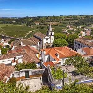 Santa Maria Church Castle Countryside Farmland Medieval Town Obidos Portugal. Castle