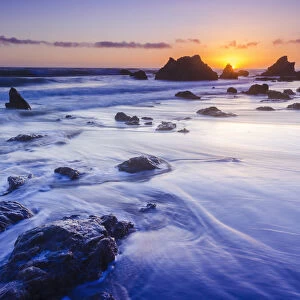 Sea stacks at sunset, El Matador State Beach, Malibu, California, USA