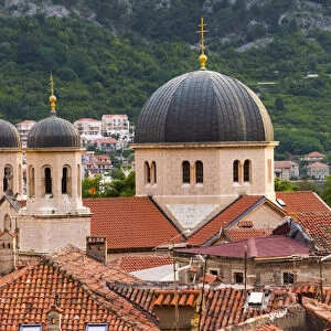 Serbian Orthodox Church of Saint Nicholas and red roof houses, Kotor, Montenegro