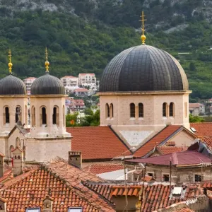 Serbian Orthodox Church of Saint Nicholas and red roof houses, Kotor, Montenegro Serbian Orthodox Church of Saint Nicholas and red roof houses, Kotor, Montenegro