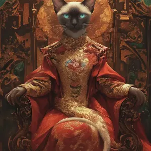 Siamese Cat on Throne. Painting style. (AI Generated) Siamese Cat on Throne. Painting style. (AI Generated)