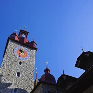 Skyward view Town Hall clock tower, built in Italian Renaissance style, Lucerne