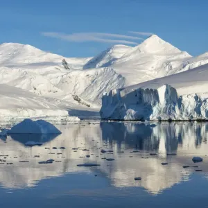 Snow covered island and iceberg with reflection in South Atlantic Ocean, Antarctica