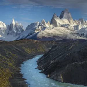South America, Argentina. Mt. Fitzroy and river at sunrise. C