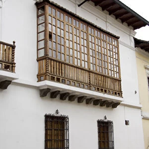South America, Ecuador, Quito. Historic old Spanish style balcony