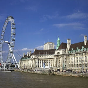 The South Bank of London showing the London Eye and County Hall along the Thames