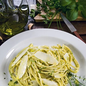 Spaghetti with herbs: rosemary, thyme, oregano, chive and parmesan shavings