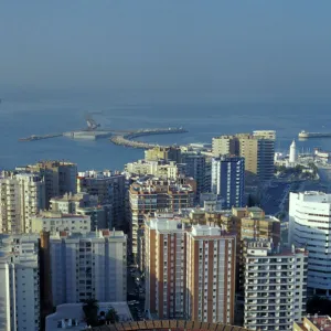 Spain, Malaga, Andalucia View of Plaza de Toros (bullring) and cruise ship in harbor