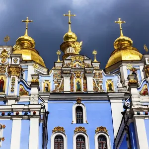 St. Michaels Golden-Domed Monastery, Kiev, Ukraine. Saint Michaels is a functioning Greek Orthodox Monastery in Kiev. The monastery was created in the 1100s but was destroyed by the Soviet Union in the 1930 s