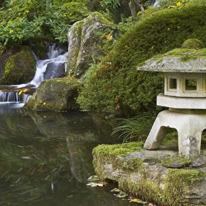 Stone lantern and Heavenly Falls, Portland Japanese Garden, Oregon