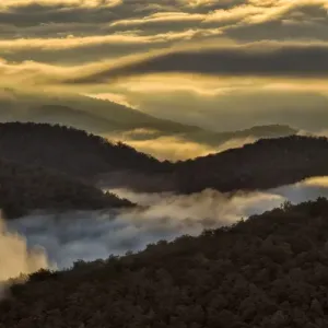 Sunrise and mountain mist, Blue Ridge Mountains from Blue Ridge Parkway near Brevard