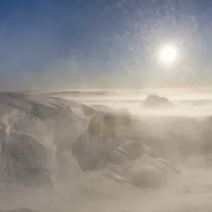 Sunrise and storm on the Breidamerkurjoekull a glacier of the Vatnajoekull NP during winter