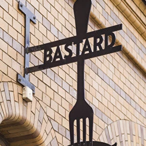 Sweden, Scania, Malmo, Lilla Torg square area, sign for the Bastard Restaurant