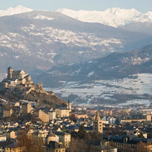 SWITZERLAND-Wallis / Valais-SION: Basilique de Valere (12th century) & Town Late Afternoon /