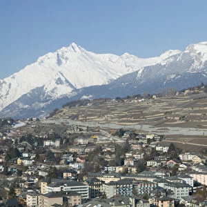 SWITZERLAND-Wallis / Valais-SION: High Vantage Point Town View Morning / Winter