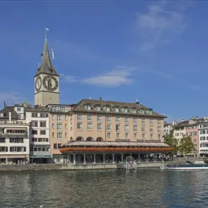 Switzerland, Zurich, Historic Lindenhof area and Limmat River; Saint Peter s