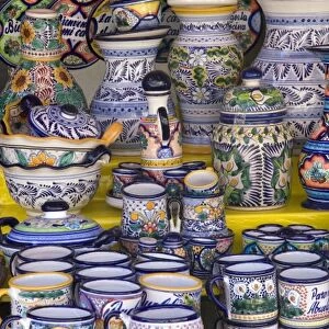 Talavera pottery being sold at an outdoor market in the city of Puebla, Puebla, Mexico