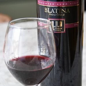 Tasting room, bottle of Blatina Vrhunsko Suho Vino red wine. Vinarija Citluk winery