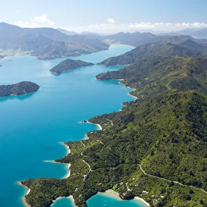 Te Mahia Bay, Kenepuru Sound, Marlborough Sounds, South Island, New Zealand - aerial