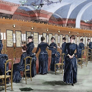 Telephone service in Madrid. Central office. Colored engraving, 1886