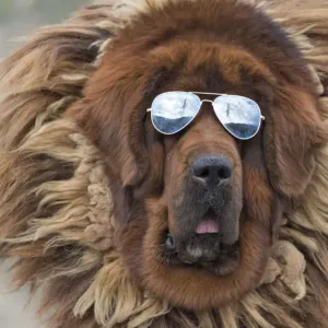 Tibetan Mastiff wearing sun glasses, Tibet, China Tibetan Mastiff wearing sun glasses, Tibet, China