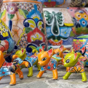 Todos Santos, Mexico. Colorful pottery cats and other items for sale