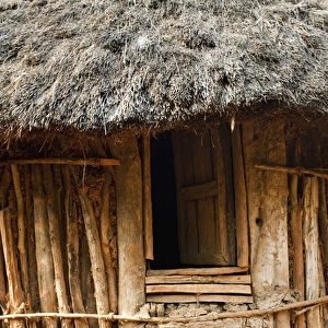 Traditional Konso village on a mountain ridge overlooking the rift valley. Inside a family compound