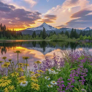 Tranquil mountain lake in spring with flowers at sunrise or sunset. (AI Generated) Tranquil mountain lake in spring with flowers at sunrise or sunset. (AI Generated)