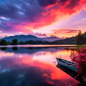 Tranquil mountain lake at sunrise or sunset. (AI Generated) Tranquil mountain lake at sunrise or sunset. (AI Generated)