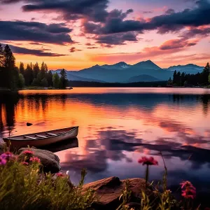 Tranquil mountain lake at sunrise or sunset. (AI Generated) Tranquil mountain lake at sunrise or sunset. (AI Generated)