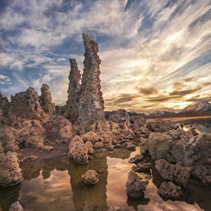 Tufas at sunset on Mono Lake with reflection and sunset colors, Eastern Sierra Nevada Mountains