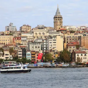 Turkey, Istanbul. Galata Tower as seen from Spice Bazaar Turkey, Istanbul. Galata Tower as seen from Spice Bazaar