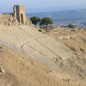 Turkey, Izmir Province, Bergama, Pergamon, Acropolis Theater of Against the Modern City of Bergama Turkey, Izmir Province, Bergama, Pergamon, Acropolis Theater of Against the Modern City of Bergama