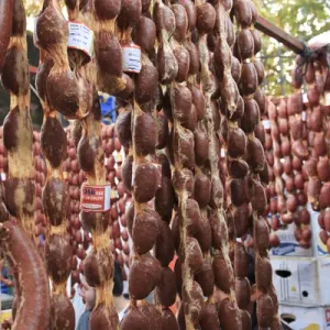 Turkey, Izmir Province, Kusadasi. Meat vendor at outdoor market Turkey, Izmir Province, Kusadasi. Meat vendor at outdoor market