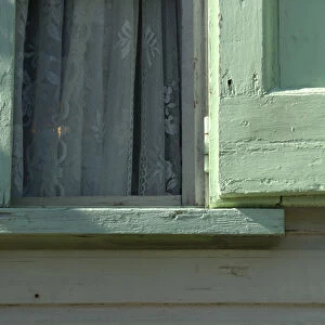U. S. Virgin Islands, St. Croix: Christiansted architecture, window with lace