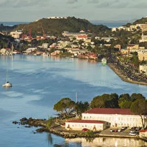 U. S. Virgin Islands, St. Thomas. Elevated town view of Charlotte Amalie with Kings Wharf