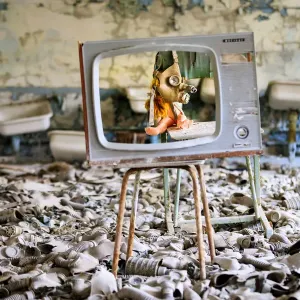 Ukraine, Pripyat, Chernobyl. Gas masks, many of them child-sized