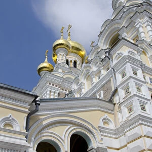 Ukraine, Yalta. Exterior of Saint Alexander Nevsky Cathedral, typical Russian architecture, c