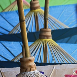 Underside of decorative umbrellas drying after being hand painted, Bo Sang, near Chiang Mai