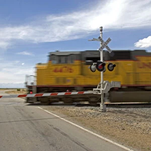 Union Pacific locomotive at a railroad crossing near Mountain Home, Idaho