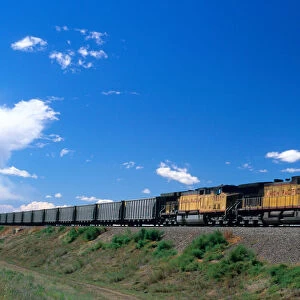Union Pacific train traveling on a railroad track in Nebraska. union pacific