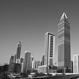 United Arab Emirates, Dubai, Dubai City. Tower-Up Building and Sheik Zayed Road Highrises