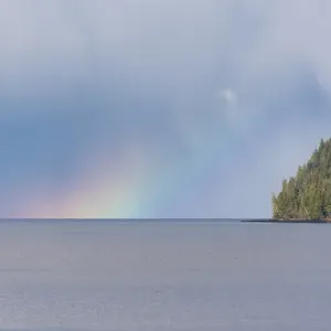 US, AK, Ketchikan, Rainbow glow on horizon Tongass Narrows Inside Passage near Settlers US, AK, Ketchikan, Rainbow glow on horizon Tongass Narrows Inside Passage near Settlers