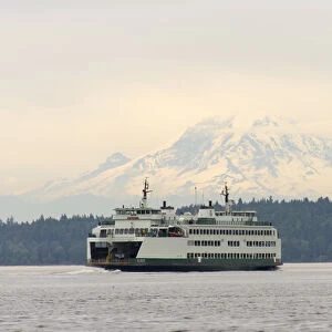 US, WA, Puget Sound. Seattle / Bremerton ferry with Mt Rainier