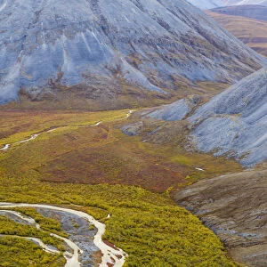 USA, Alaska, Brooks Range, Arctic National Wildlife Refuge. Aerial of mountains and Ivishak River
