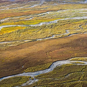 USA, Alaska, Brooks Range, Arctic National Wildlife Refuge. Aerial of braided river and tundra